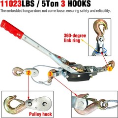 Come along Winch – 000 Lbs/5T Pulling Capacity,2Ft Steel Cable,3 Hooks,Dual Gear