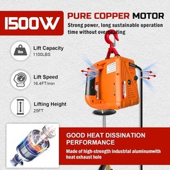 3 in 1 Electric Hoist Winch 1100 lbs 1500W Portable