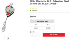 One 20′ Self-Retracting LifeLine MILLER MIGHTY LITE Mdl.RL20G