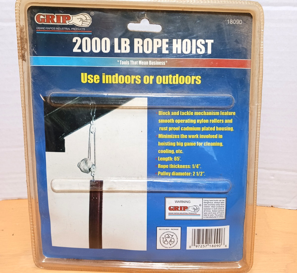 2000 lb Rope Hoist – GRIP 18090 – 65′ Length – 2.5″ Pulleys – NEW in Package