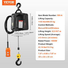 3-In-1 Electric Hoist Winch, 1100Lbs 1500W Portable Power Winch Crane, 110V/120V