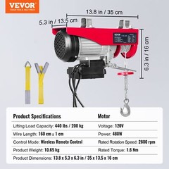 440 lbs 110V Electric Steel Wire Winch with Wireless Remote Control 480W Power