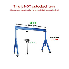 VESTIL ADJUSTABLE GANTRY CRANE – 1 TON CAPACITY, SPAN 10 FT, ADJ. HUB 7.5-12 FT