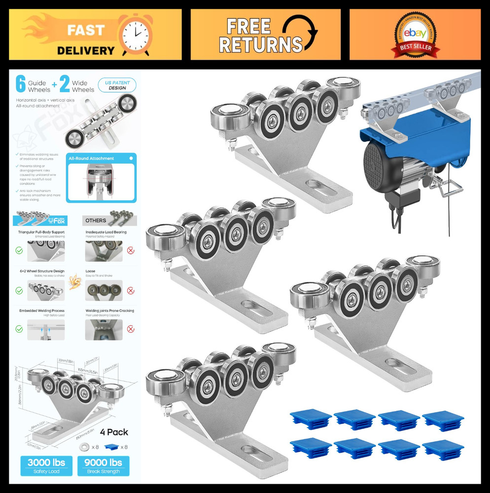 6+2 Wheel Electric Hoist Trolley – Anti-Lock, Anti-Fall, Unistrut Rollers, 4-Pac