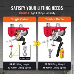 Electric Hoist 1320lb 1150W 110V Steel Wire Winch 14ft Remote 40ft Cable