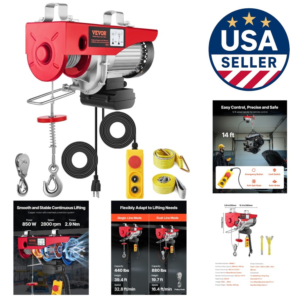 Durable 880lbs Wired Electric Hoist with 14ft Remote—Ideal for Garage & Factory