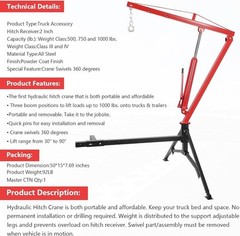1000 Lbs Hydraulic Pickup Truck Crane 360° Swivel Hitch Mounted Bed Crane