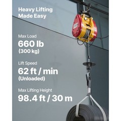 Electric Hoist Winch, 660 lbs, 1500W, 98.4 ft Lift, Wired & Wireless Remote