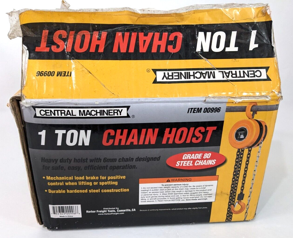 1 Ton Chain Hoist Central Machinery Grade 80 Steel Chain Model 00996 w/Box