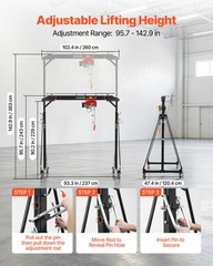 VEVOR Adjustable Gantry Crane 2200lbs 95.7″-142.9″ Manual Trolley Electric Hoist