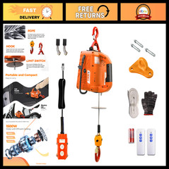 1500W 3-in-1 Electric Hoist Winch, 1100Lbs Capacity, 16ft/min Lift Speed, 25ft H