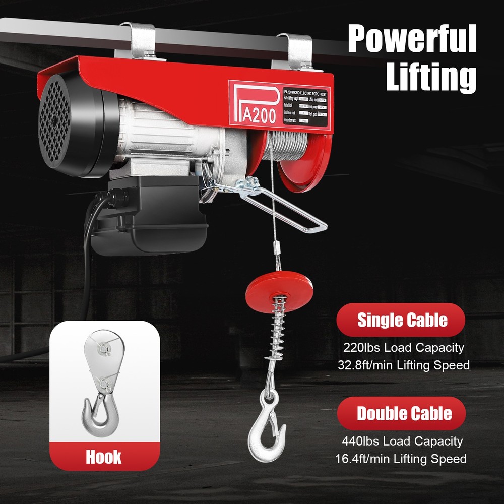 PA200 Electric Hoist Winch Crane Hoist Lift 440lbs with Wired Remote Control