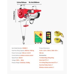 Electric Hoist 880lbs Crane Winch with Wireless Remote Control 850W 110V