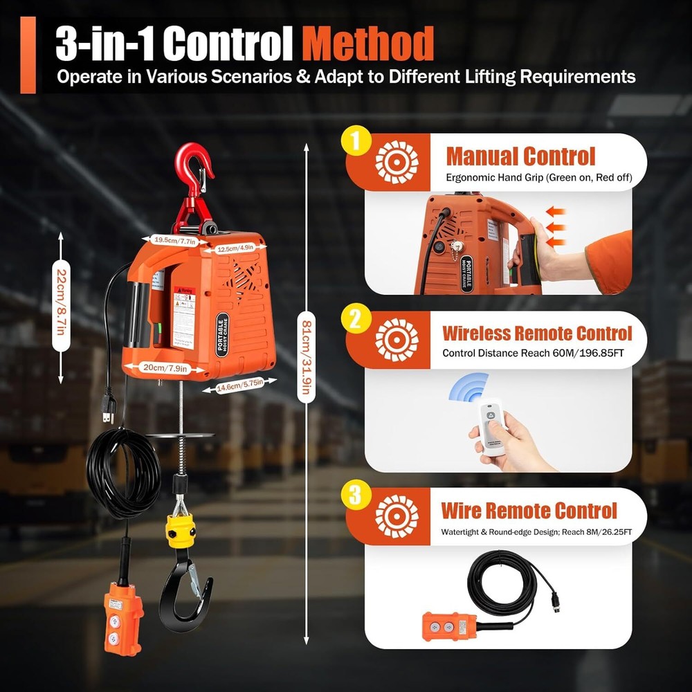 3 in 1 Electric Hoist Winch 1100LBS w/Wireless Remote Control 110V Lift 16ft/min