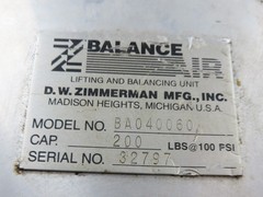 Ingersoll Zimmerman BA040060 Pneumatic Air Balancer 6′ Travel 400Lb w/Load Block