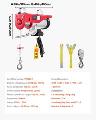 Electric Hoist 2200lbs Crane Winch with Wired Remote Control 1600W 110V
