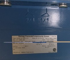 Demag Hoist DKUN 10-1000KV1, SWL 2/1 : 2500LBS, 3-PH, 4,82HP, 3380 RPM, 60 HZ