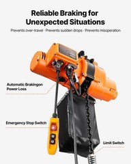 1100lb Chain Hoist, 20ft Height, 16.4ft/min, Rotating Hook, Limit Switches
