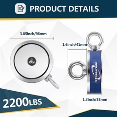 TZSTARJIMAG Double Side Magnet Fishing Kit, 2200 Lb 2200LB Side, Blue