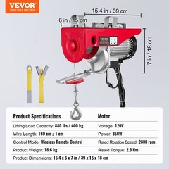 110V Wireless Remote Control Electric Hoist 880lbs 40ft/20ft Lifting Height Pure