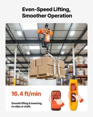 1100lb Chain Hoist, 20ft Height, 16.4ft/min, Rotating Hook, Limit Switches