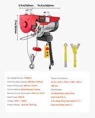VEVOR Electric Hoist 880lbs Crane Winch with Wired Remote Control 850W 110V
