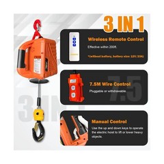 Power Electric Portable Hoist Winch 1500LBS, 3 in 1 Electric Cable Hoist 110V…