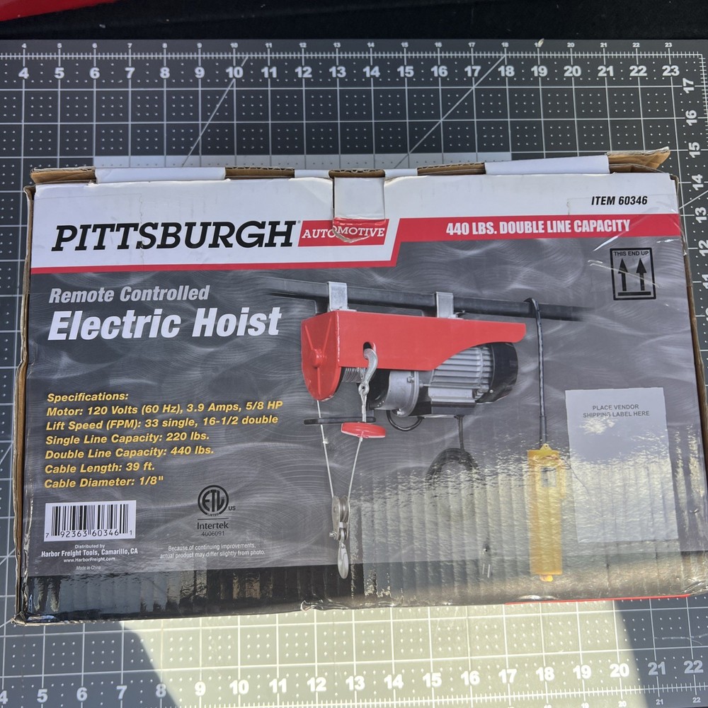 PITTSBURGH AUTOMOTIVE, ELECTRIC HOIST, 60346, 440 LB, W/ JET TROLLEY, 1/2 TON