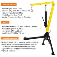 1000 Lbs Hydraulic Pickup Truck Crane , 360° Swivel Hitch Lifting Mounted Crane