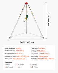 VEVOR 1200 lbs Confined Space Tripod Rescue System with 65 ft