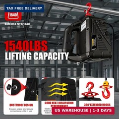 Power Electric Portable Hoist Winch 1540LBS, 3 in 1 Electric Cable Hoist 110V 25