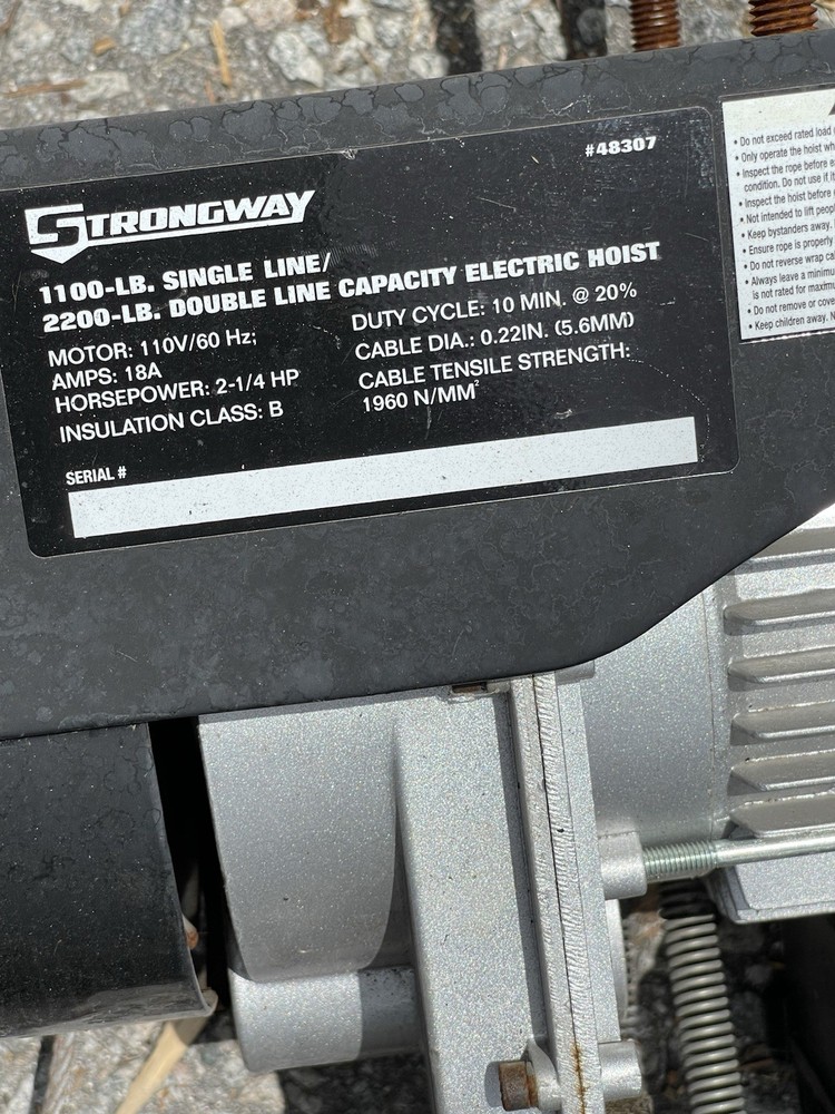 Strongway Electric Cable Hoist, 1100-Lb. Single-Line Capacity/2200-Lb.