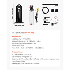 8T Hydraulic Scissor Power Hoist Kit W/ 8QT Double Pump Fit 10″-14′ Dump Trailer