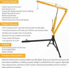 1000 LBS Truck Bed Crane Yellow,Hydraulic Hoist w 360° Swivel for Engine Lifting