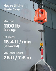 3-In-1 Electric Hoist Winch, 1100 Lbs Capacity, 1500W Portable Electric Power Wi