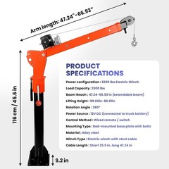 Electric Pickup Truck Crane Truck-Mounted Bed Crane Hoist Lifting w/2200lb Winch