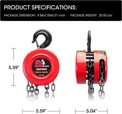 Big RED TR9010-3 Torin Manual Hand Chain Hoist with 2 Heavy Duty Hooks for Wareh