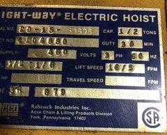 Acco WRIGHT – WAY 1/2 Ton Electric Chain Hoist 460V 16/5 Fpm