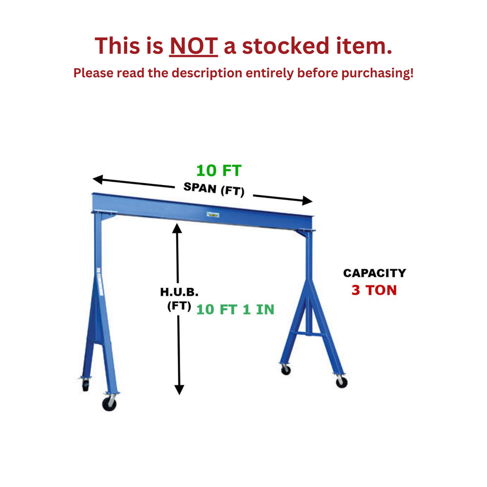 VESTIL FIXED GANTRY CRANE – 3 TON CAPACITY, SPAN 10 FT, HUB 10 FT 1 IN