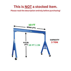 VESTIL FIXED GANTRY CRANE – 3 TON CAPACITY, SPAN 10 FT, HUB 10 FT 1 IN