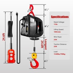 Electric Portable Hoist Winch 1540LBS 3-in-1 Cable Lift 110V 25FT Towing Strap