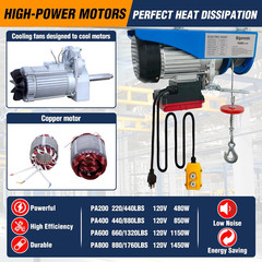 880Lb Electric Hoist, 2-in-1 Remote/Wired Control, 110V, 65.6Ft Lift Height