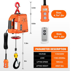 3 in 1 Electric Hoist Winch,2200 Lbs Manual/Wired/Wireless Remote Control,110/12
