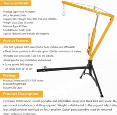 Towallmark Hydraulic Pickup Truck Crane, 1000 Lbs Capacity, 360°Swivel, Hit