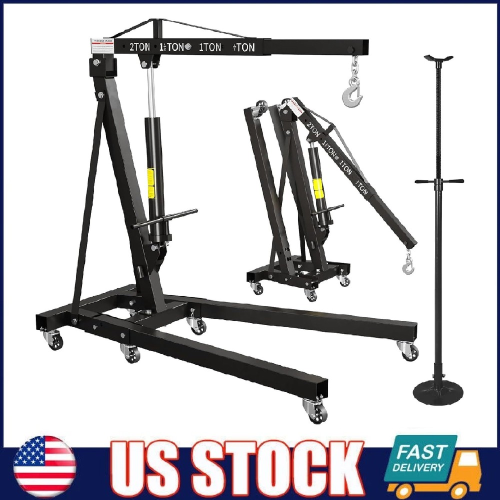 2 Ton Folding Engine Hoist Shop Crane with 3/4Ton Underhoist Support Stand Combo