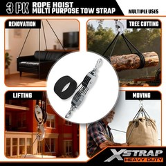 Heavy-Duty 4000LB Break Strength Rope Hoist & 2PK 8ft Lift Sling, Black