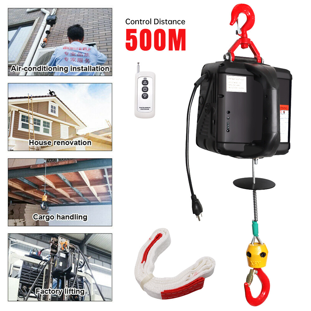 110V Wireless Electric Hoist Crane Winch Hook Pulley 500KG/1100LBS with Remote