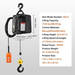 Electric Hoist Winch, 1100lbs 1500W Portable Power Winch Crane 22.9 ft Lifting