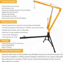 Hydraulic Pickup Truck Crane Hitch Mounted Crane 1000 lbs 360° Swivel Hoist Lift