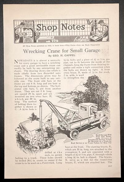 “Wrecking Crane for Small Garage” 1926 HowTo Build PLANS Mobile Hoist